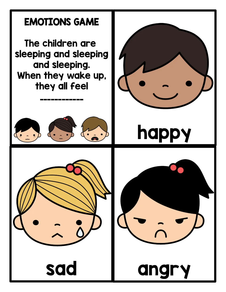 Emotions game prompt: the children sleep, then wake up feeling ___, with face cards labeled happy, sad and angry