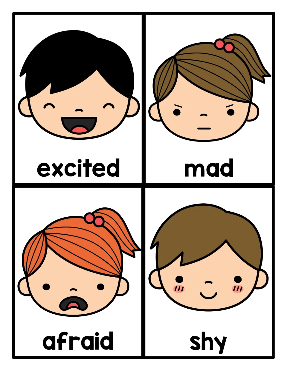 Feeling face cards showing children who are excited, mad, afraid and shy, each with the emotion word under the face