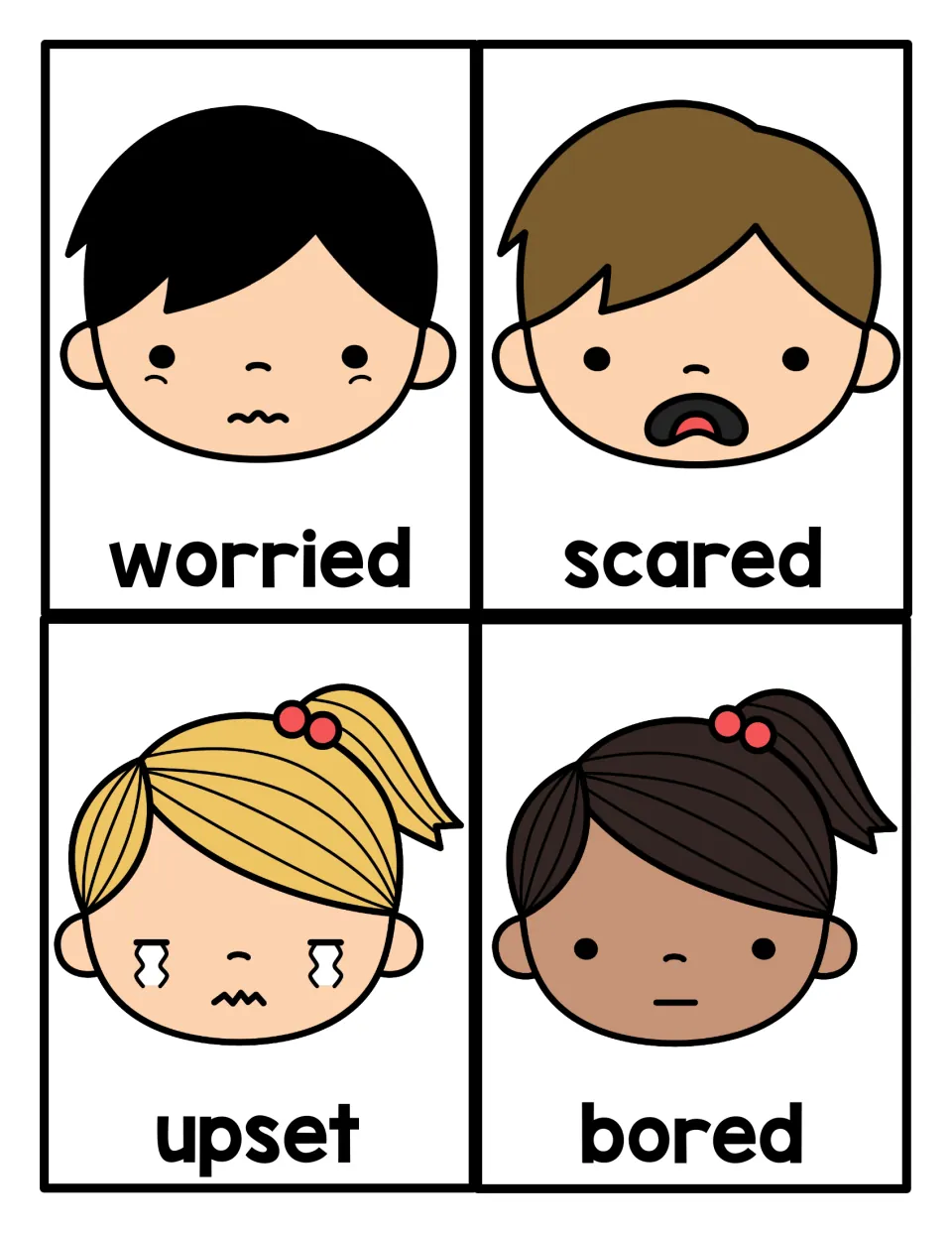Feeling face cards for worried, scared, upset and bored, showing a cartoon child's expression above each emotion word