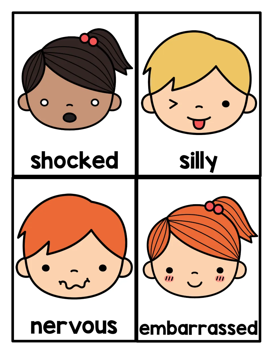 Feeling face cards for shocked, silly, nervous and embarrassed, each cartoon face matching the emotion word below it