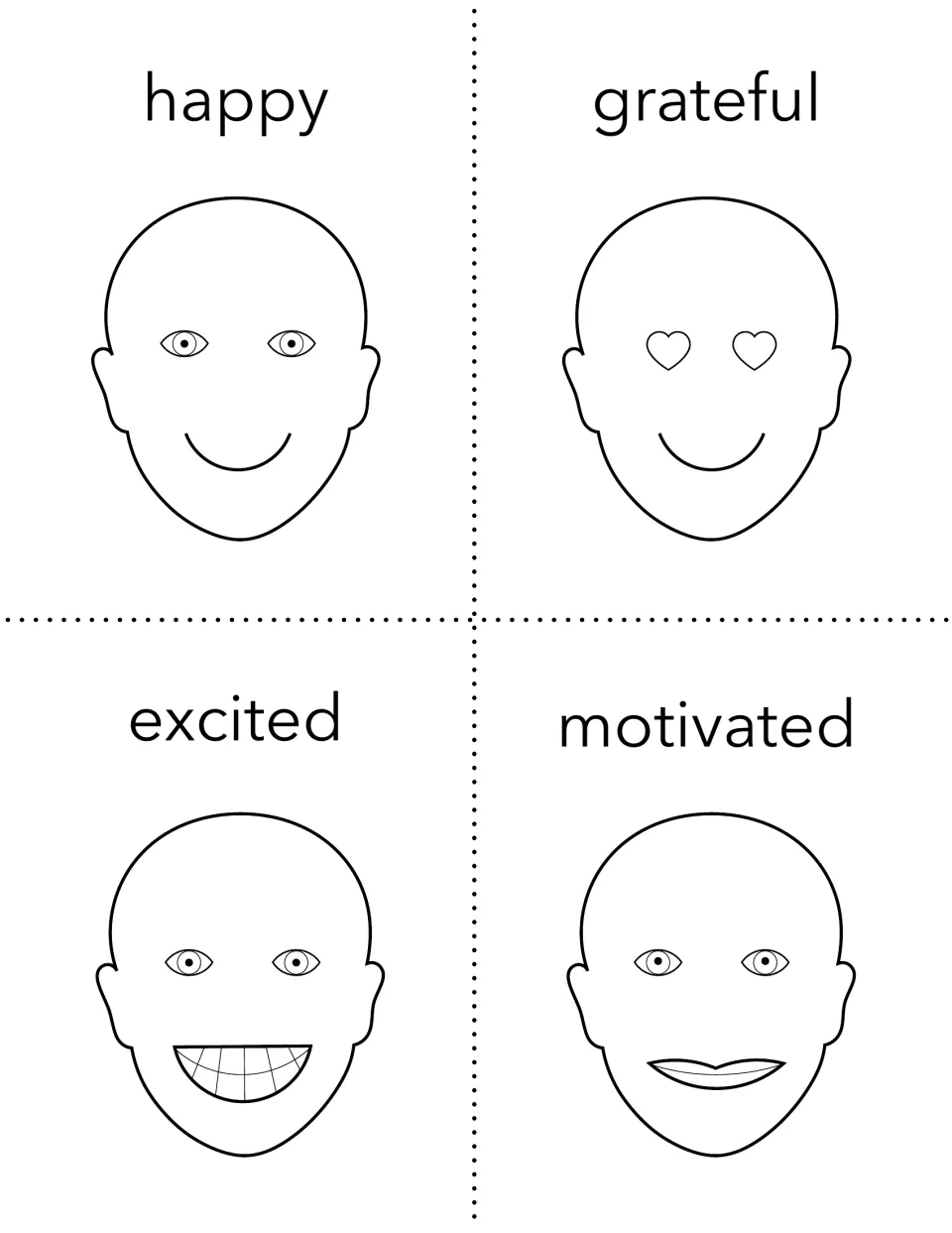 Emotion face cards showing happy with a smile, grateful with heart eyes, excited with a big grin and motivated