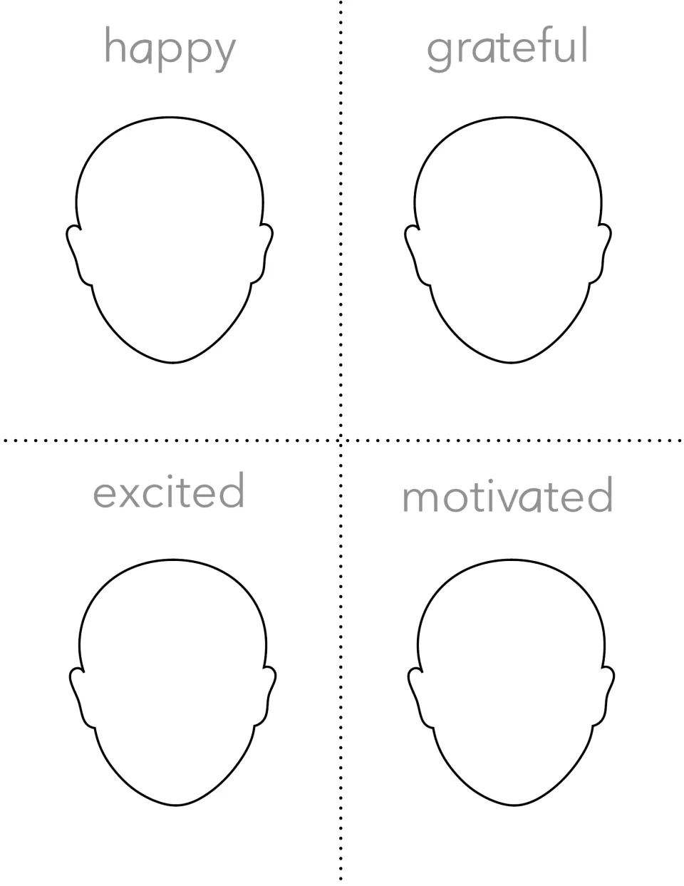 Feelings tracing cards: gray words happy, grateful, excited and motivated above blank faces to trace and draw