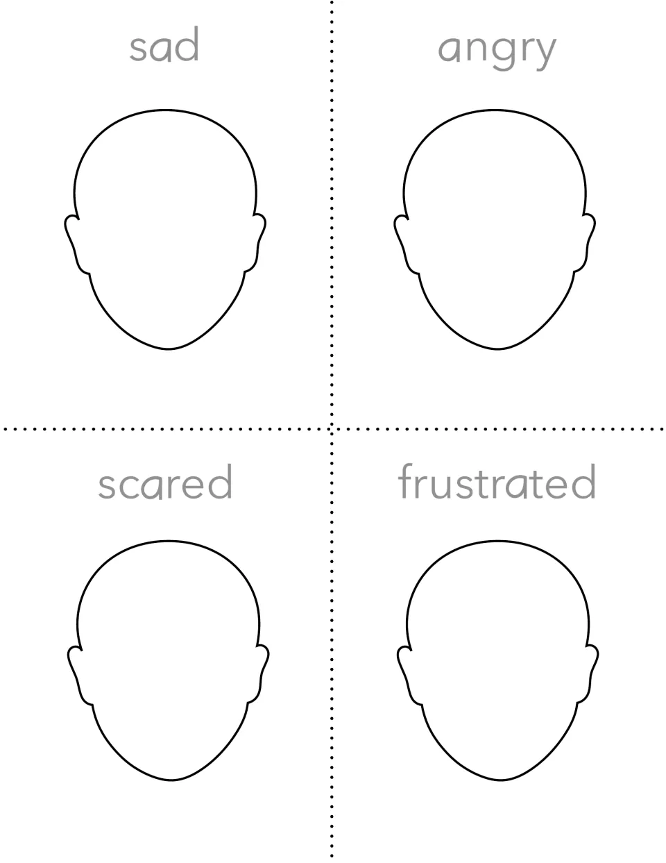 Feelings tracing cards: gray words sad, angry, scared and frustrated above blank faces for students to trace and draw