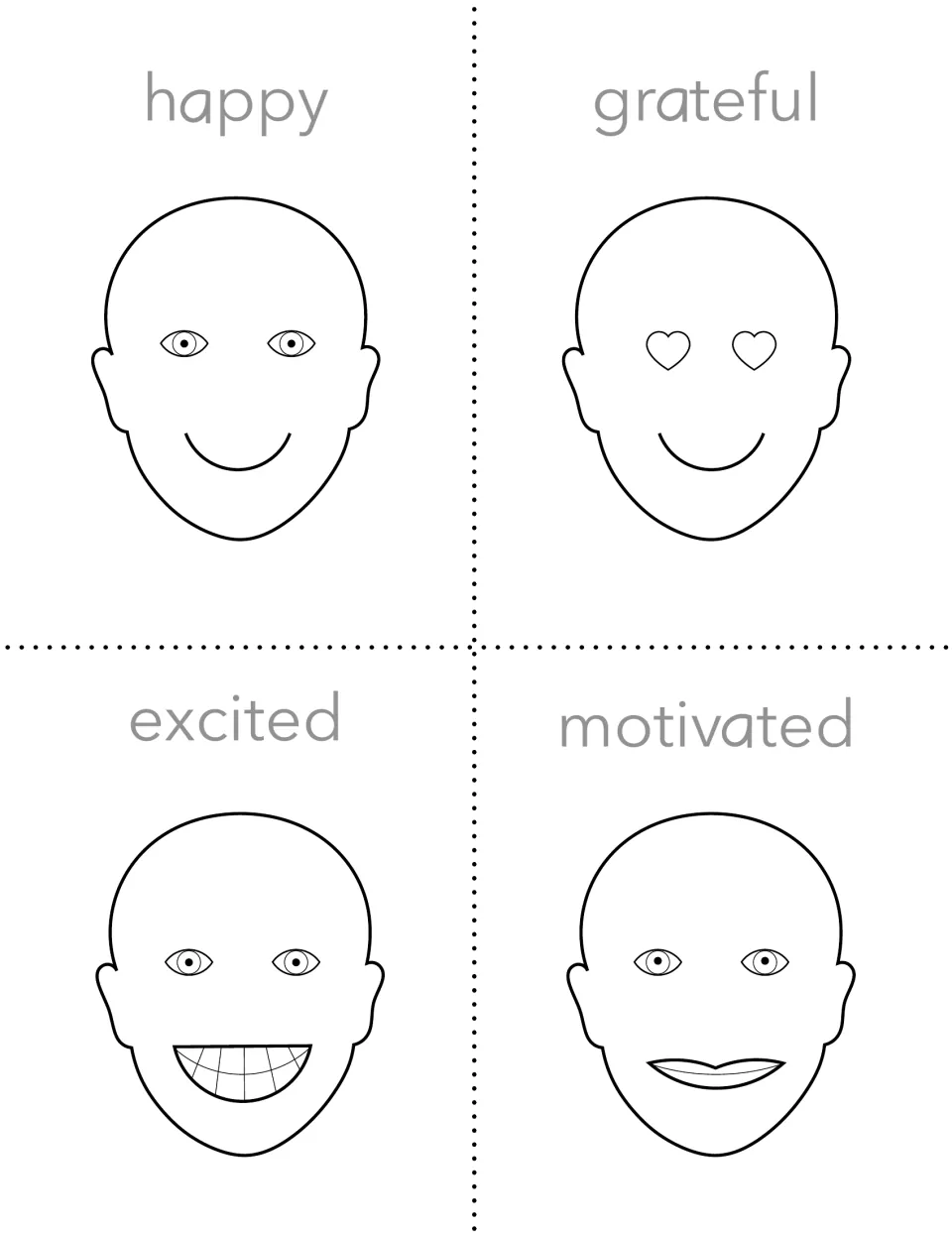 Tracing cards with drawn faces: students trace gray labels happy, grateful, excited and motivated under each face