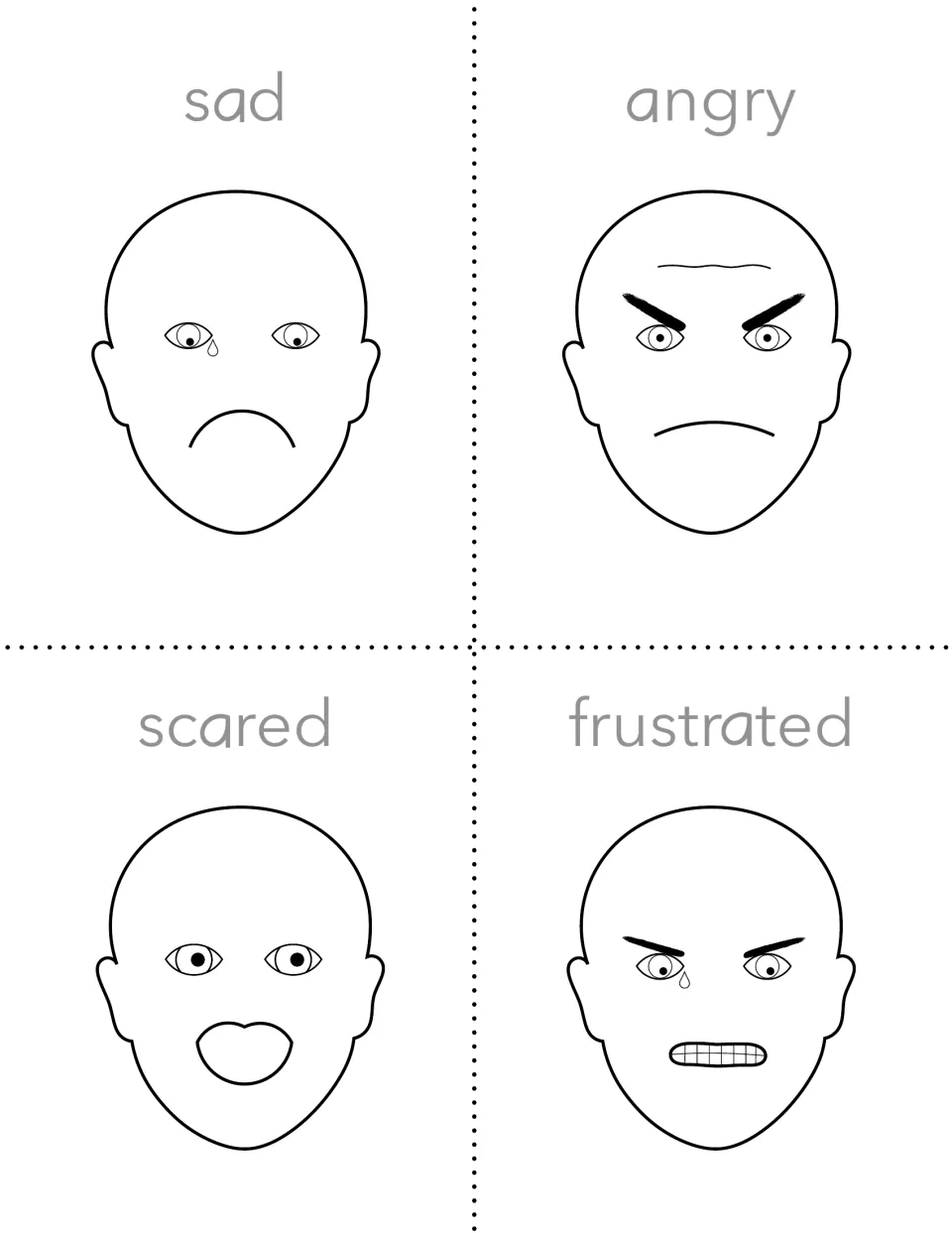 Tracing cards with drawn faces: students trace gray labels sad, angry, scared and frustrated beneath each face