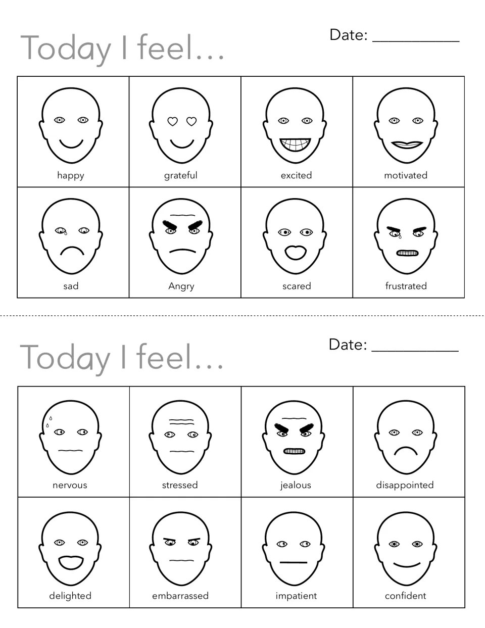 Today I feel check-in: students add the date and choose one of 8 labeled faces on each of two half-sheets