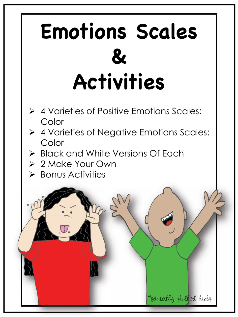Resource cover listing positive and negative emotions scales, black-and-white versions, and bonus activities
