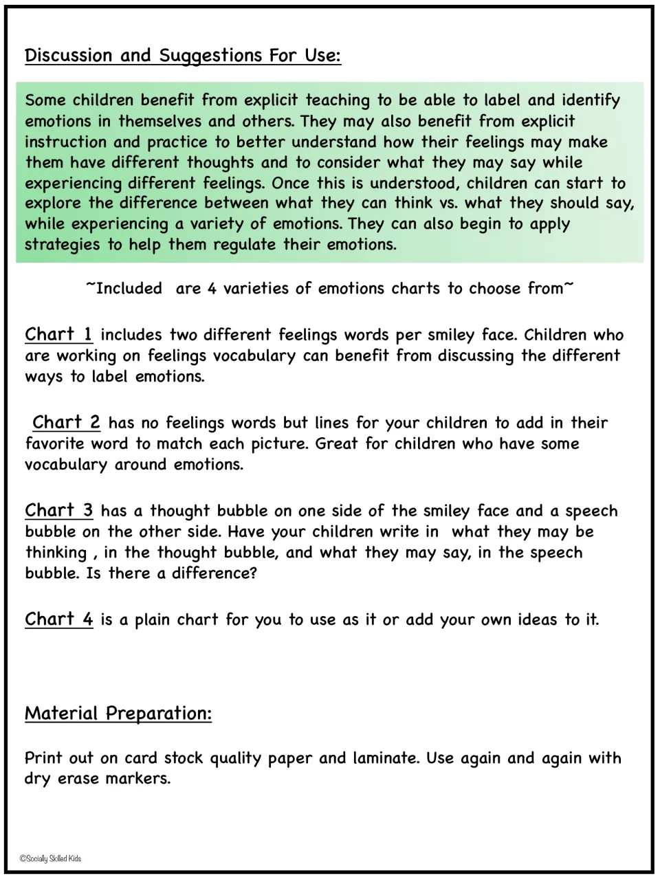 Teacher directions explain four emotions chart formats, feelings vocabulary, thought and speech prompts, and prep