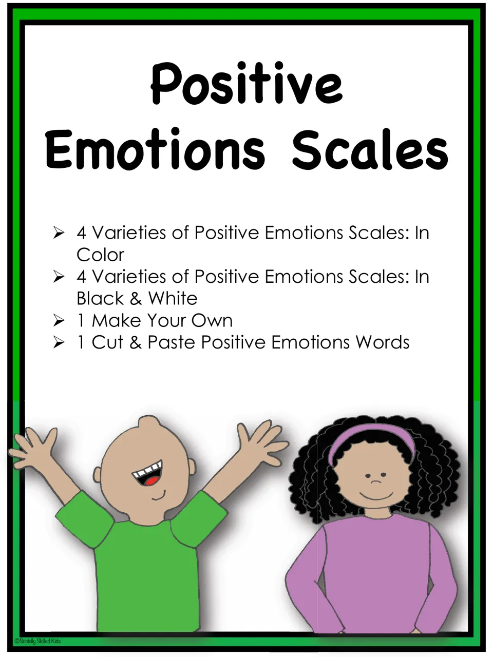 Positive emotions section cover lists four scale formats in color and black and white, plus a cut-and-paste task