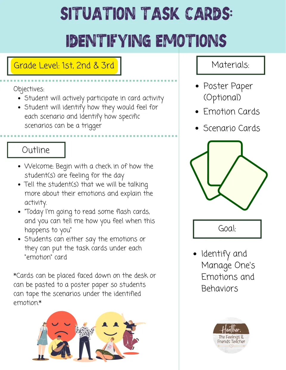 Teacher plan: objectives, materials, outline and goal for reading scenarios aloud as kids name the emotion they'd feel