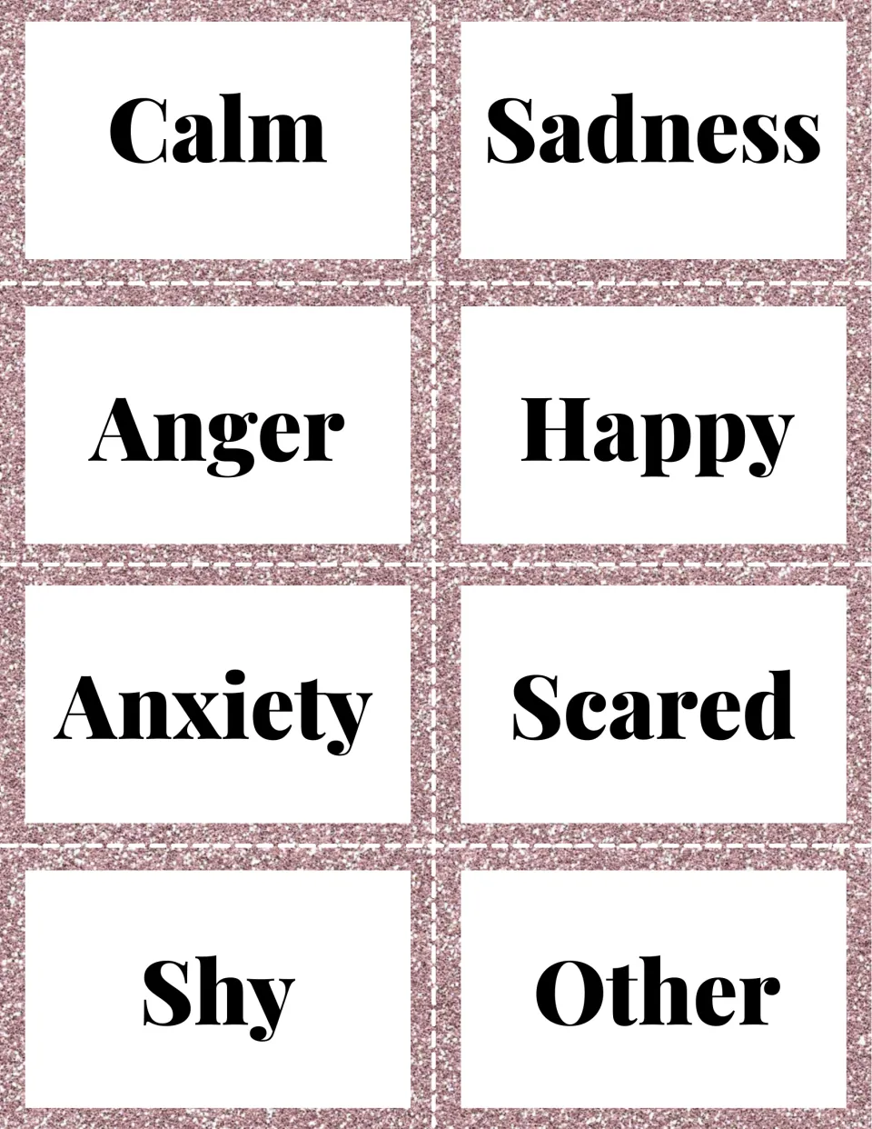 Emotion header cards: Calm, Sadness, Anger, Happy, Anxiety, Scared, Shy and Other, for sorting scenario cards under each