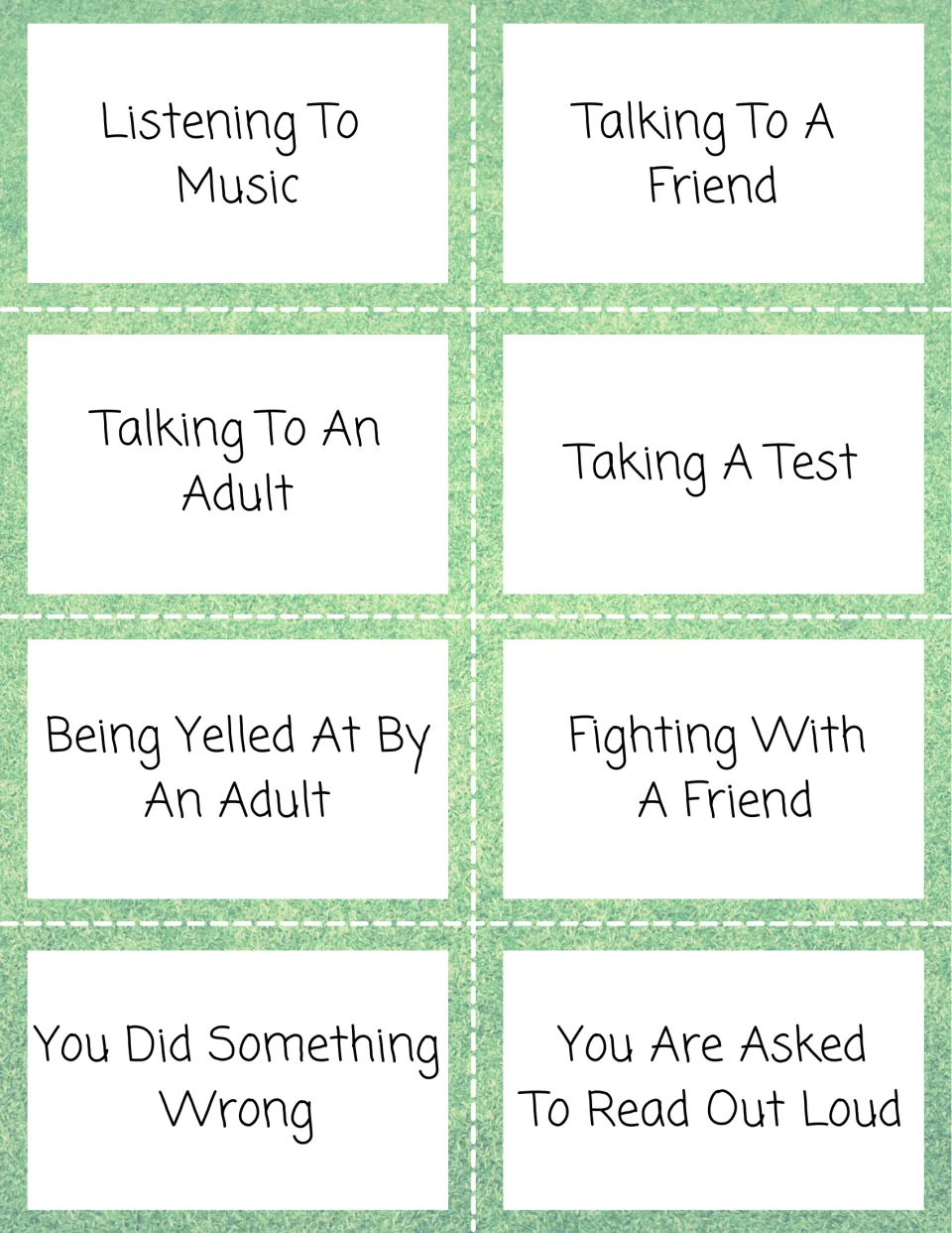 Scenario cards: listening to music, taking a test, being yelled at by an adult, reading out loud; kids name how each feels