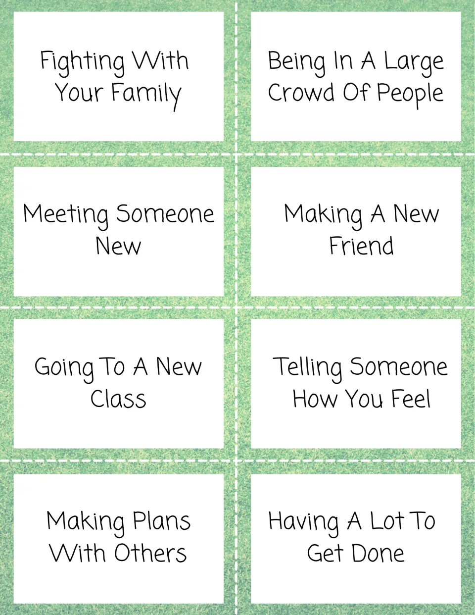 Scenario cards on social moments: fighting with family, a large crowd, making a new friend, telling someone how you feel