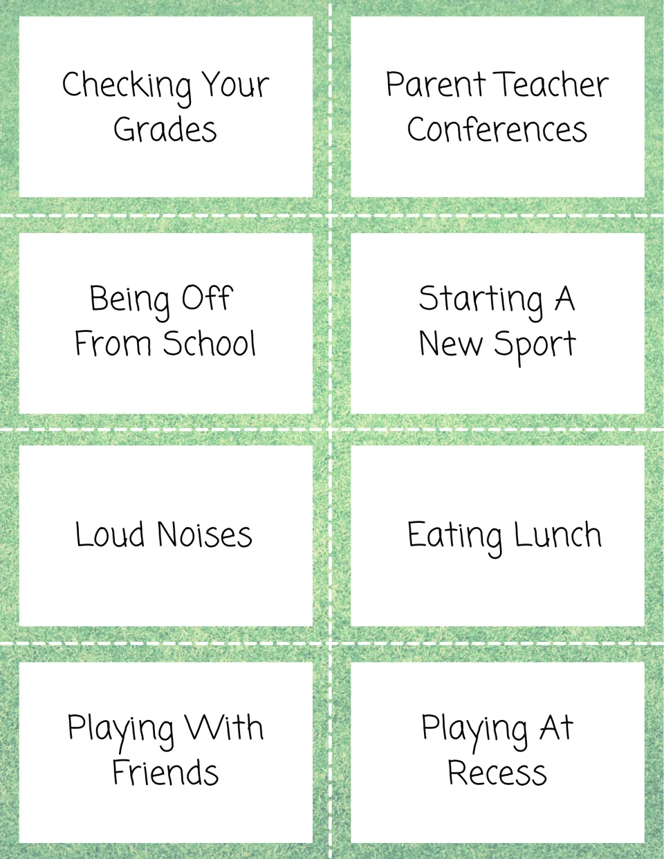 Scenario cards on school and play: checking grades, parent teacher conferences, loud noises, eating lunch, recess