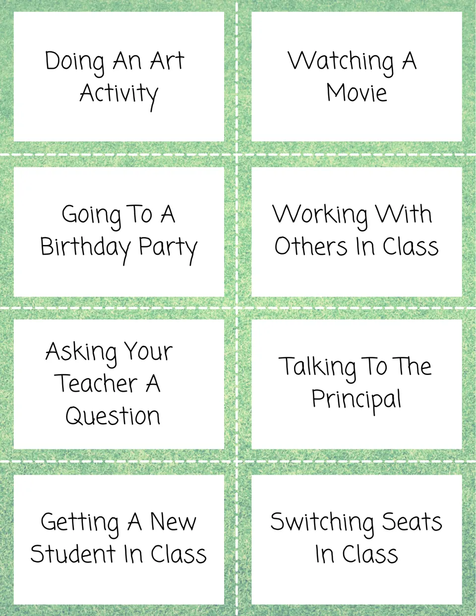 Scenario cards on classroom life: an art activity, a birthday party, talking to the principal, switching seats in class