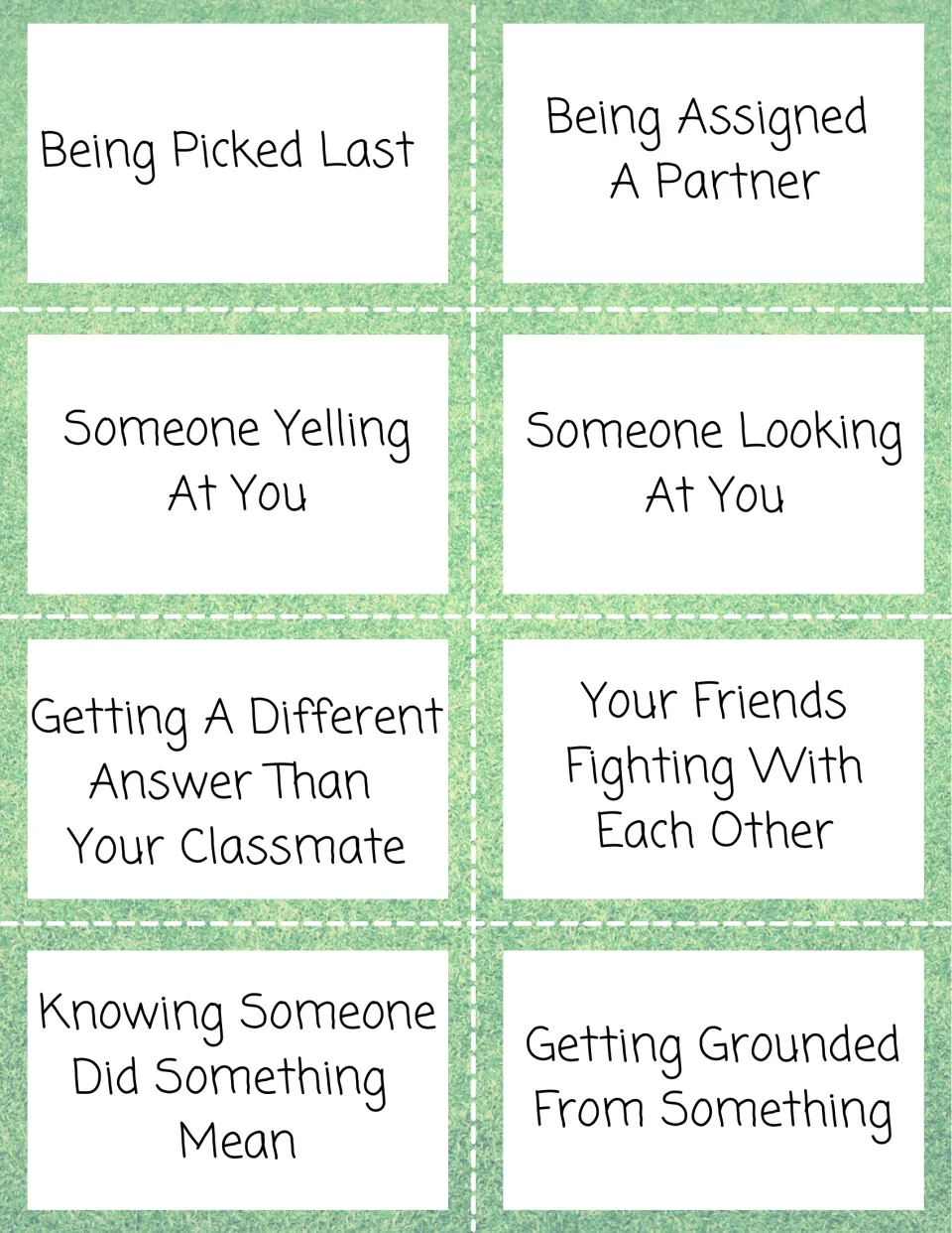 Scenario cards on peer conflict: being picked last, someone yelling at you, friends fighting each other, getting grounded