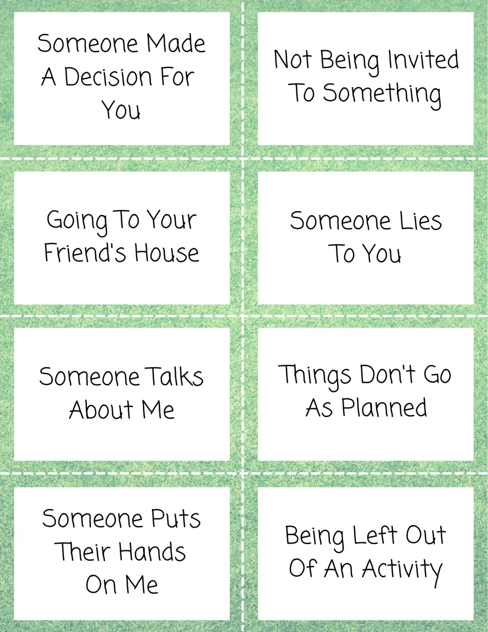 Scenario cards on trust and exclusion: someone lies to you, not being invited, things not going as planned, being left out