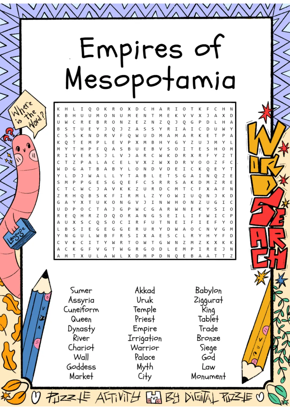Mesopotamia word search with 30 terms, including Sumer, Assyria, Cuneiform, Akkad, Babylon, and Ziggurat.