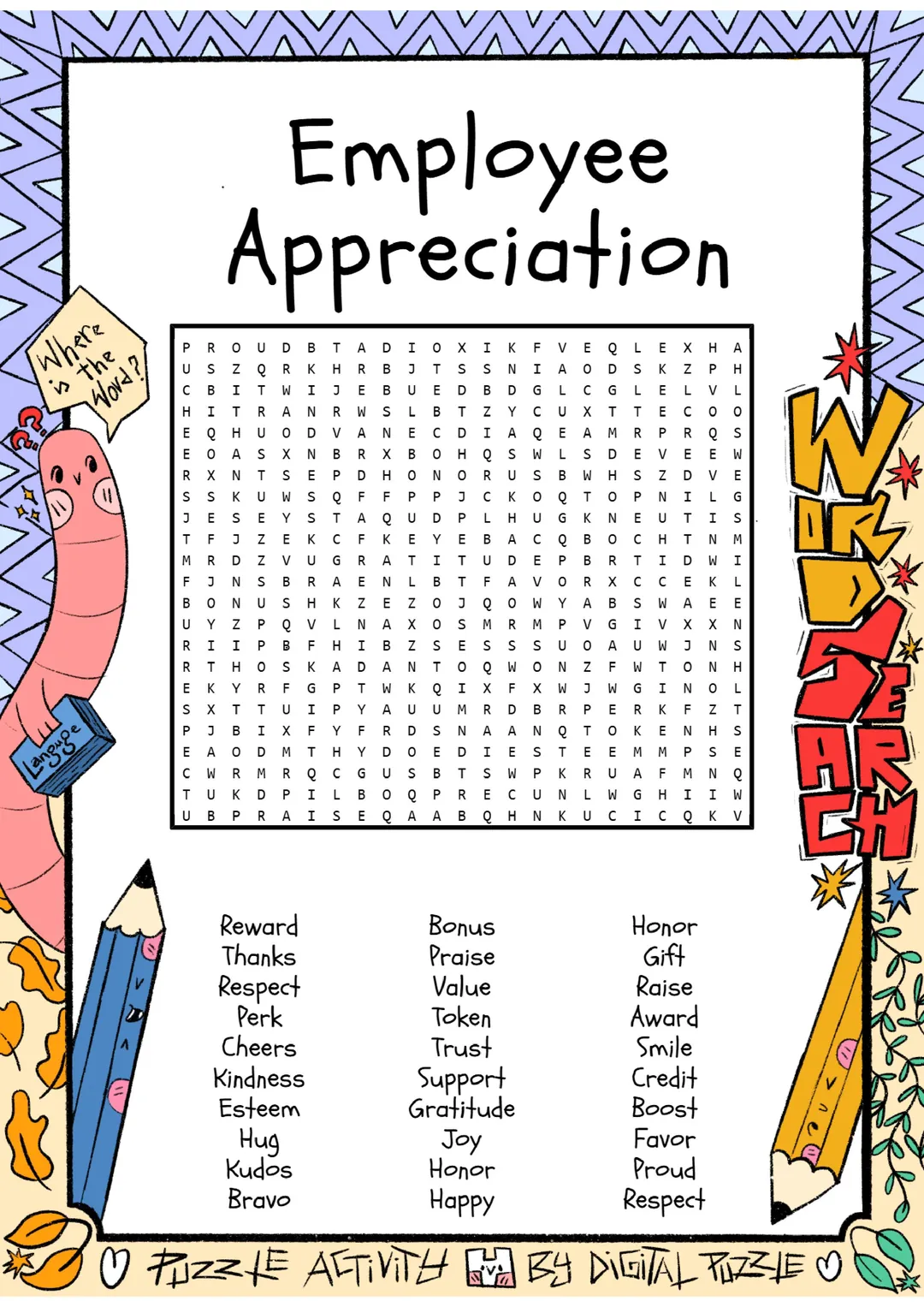 Employee Appreciation word search puzzle worksheet activity – cover