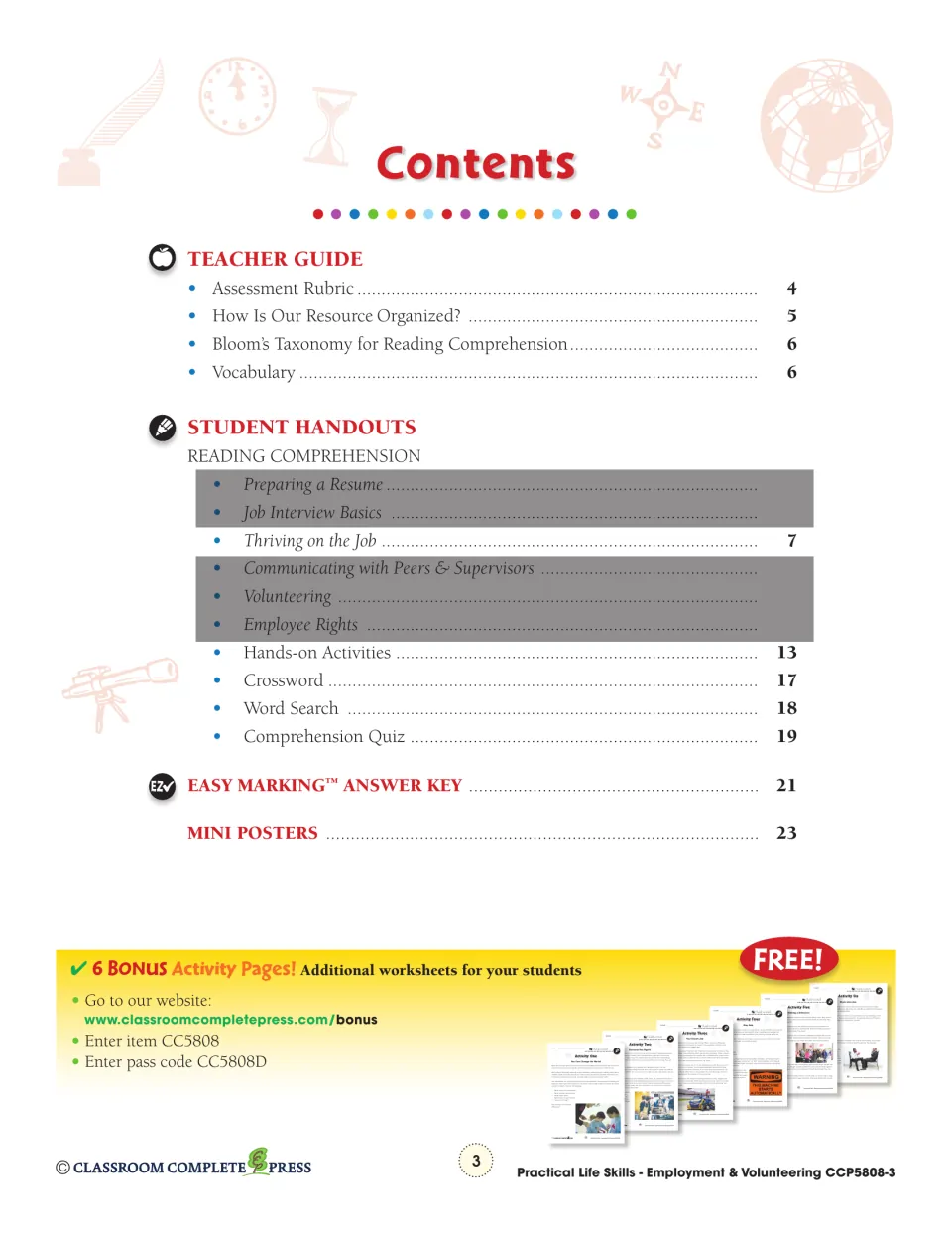Contents: teacher guide, Thriving on the Job reading, hands-on activities, quiz, answer key and mini posters