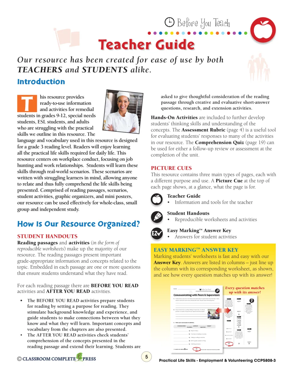 Teacher guide explaining reading passages, Before You Read and After You Read activities, and answer key