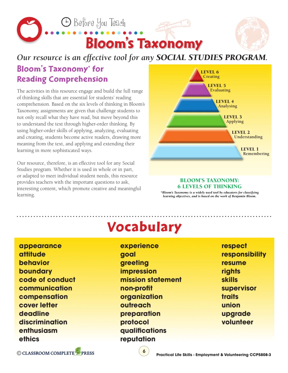 Bloom's Taxonomy six levels of thinking, plus vocabulary list: appearance, attitude, behavior and 31 more words