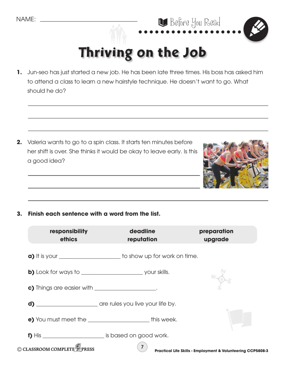 Before You Read: Jun-seo and Valeria workplace scenarios and six fill-ins using responsibility, ethics and more