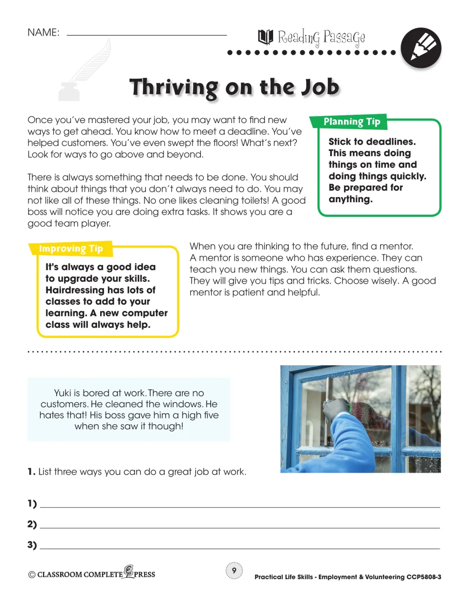 Reading passage part 2: going above and beyond, upgrading skills, finding a mentor, and Yuki cleaning windows