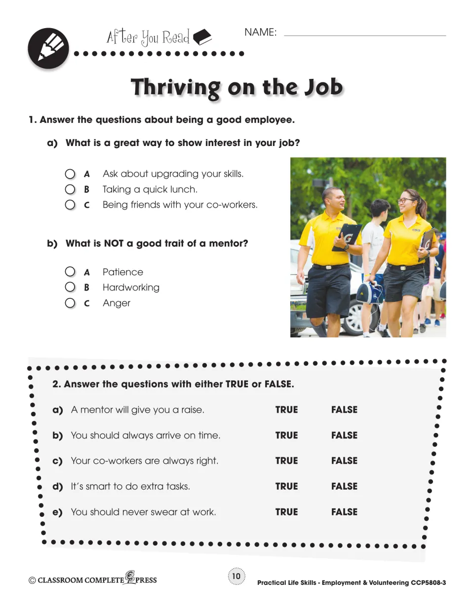 After You Read: multiple choice on showing job interest and mentor traits, plus five true-or-false statements