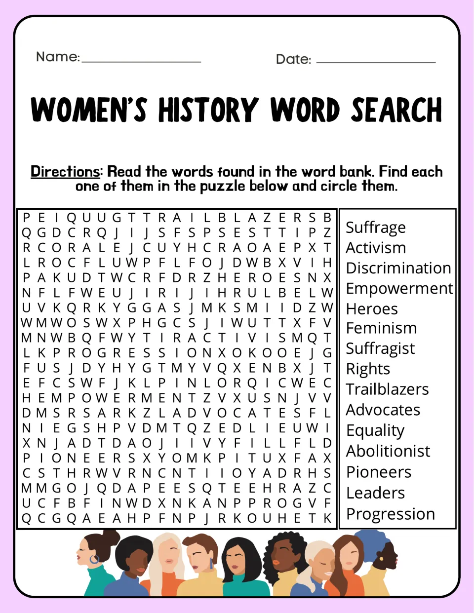 Women's history word search: students find and circle 15 terms such as suffrage, activism, trailblazers and abolitionist