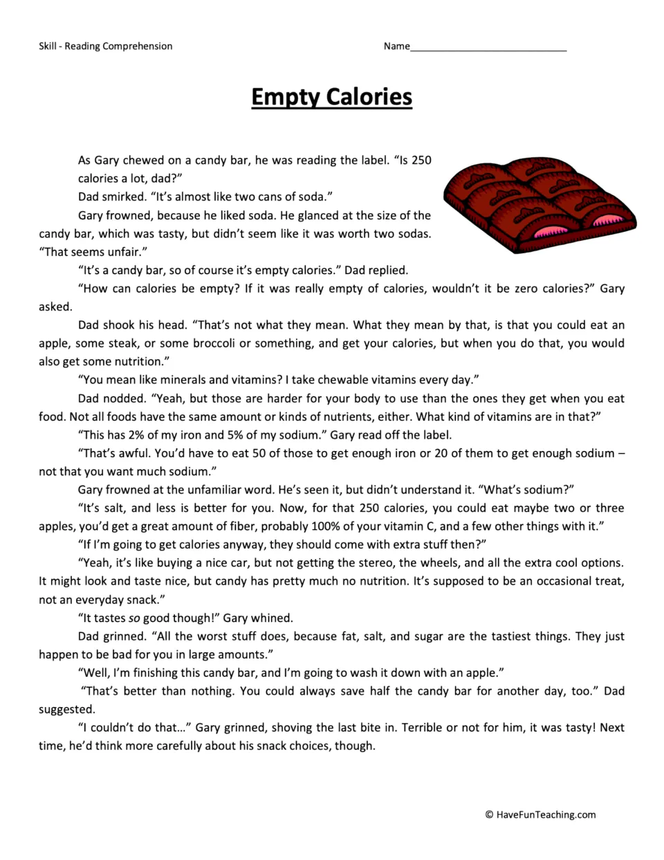 Reading passage about Gary and his dad discussing candy, soda, calories, nutrients, and snack choices.