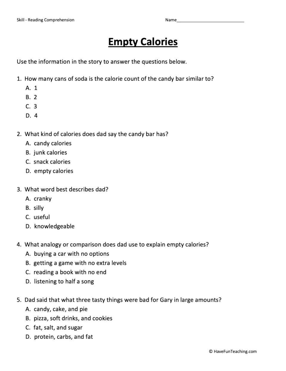 Five multiple-choice questions about the story's soda comparison, empty calories, Dad, analogy, and foods.