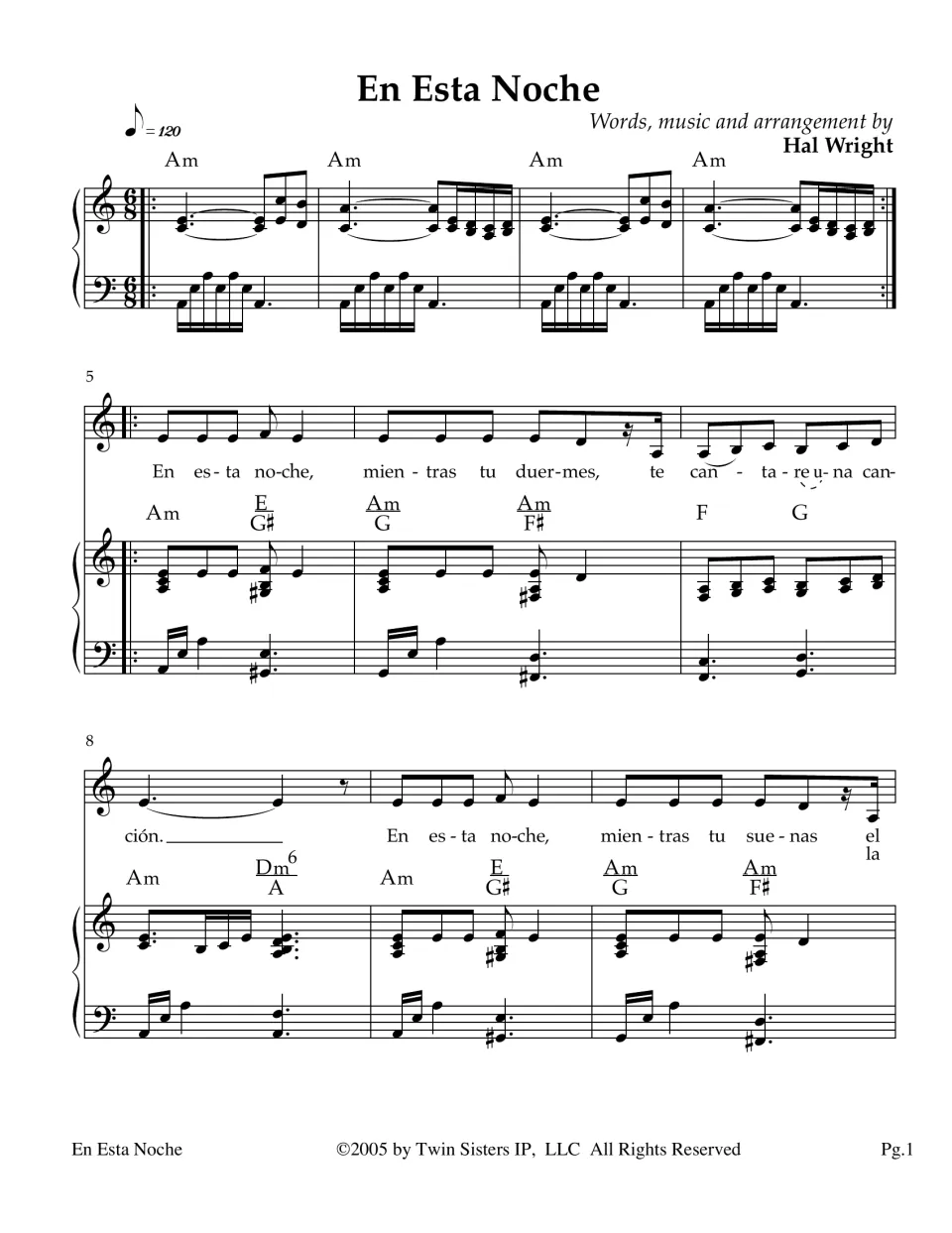 En Esta Noche, bars 1-10: piano intro in 6/8 and Spanish verse lyrics with Am, E, F and G chords for voice and piano