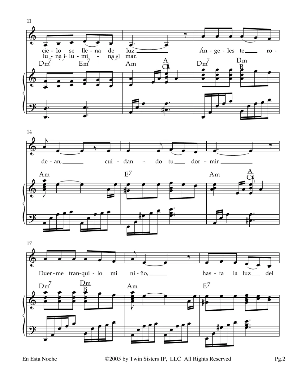 Lullaby score, bars 11-19: Spanish lyrics about angels and 'Duerme tranquilo mi niño' over Dm7, Em7, Am and E7 chords