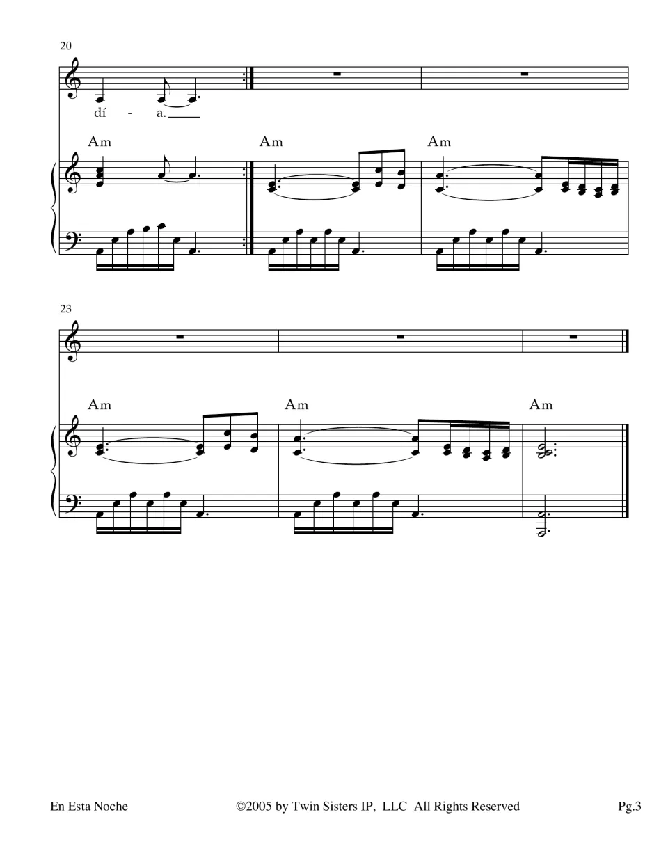 Song ending, bars 20-25: last lyric 'día', repeat sign, then a piano outro on Am chords while the voice part rests