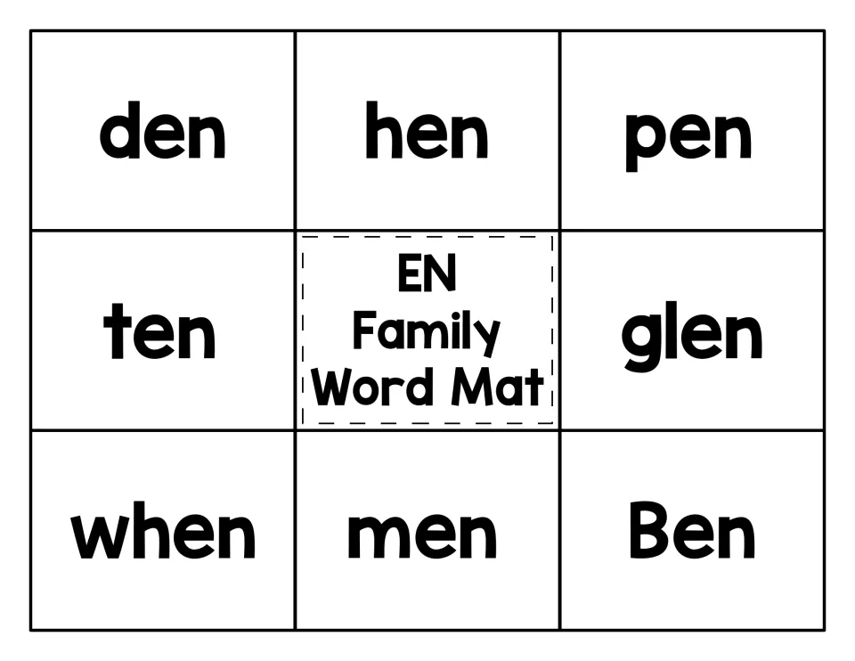EN family word mat: eight -en words (den, hen, pen, ten, glen, when, men, Ben) for students to match with picture cards