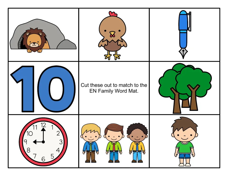 Color -en picture cards to cut out: lion in a den, hen, pen, 10, trees, clock, three men and a boy for the word mat