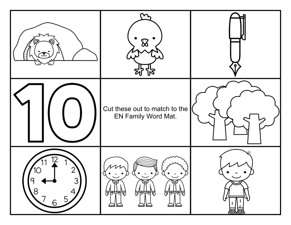 Black-and-white -en picture cards to cut out: den, hen, pen, 10, trees, clock, men and boy for matching to the word mat
