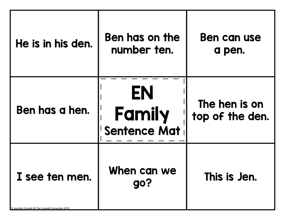 EN family sentence mat: students read eight -en sentences such as 'Ben has a hen.' and 'I see ten men.' to match pictures