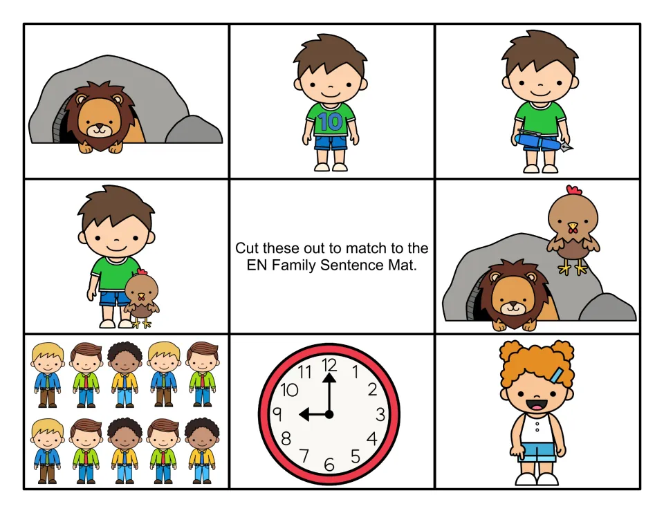 Color sentence picture cards to cut out: lion in a den, Ben with a hen, ten men, a clock and Jen for the -en sentences