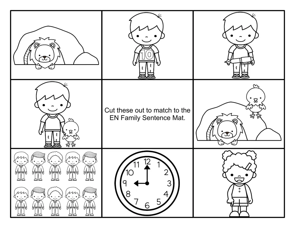Black-and-white sentence cards to cut out: Ben in a 10 shirt, Ben with a pen, hen on the den, ten men, clock and Jen