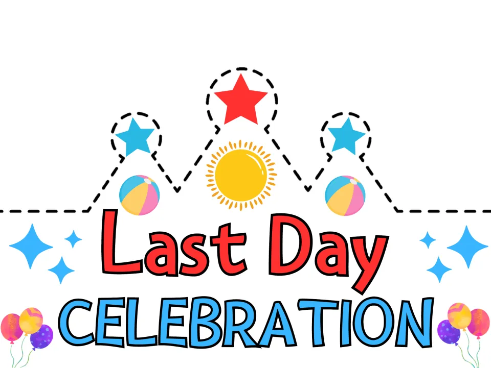 Last Day Celebration crown cut-out piece in color: students cut on dashed lines around stars, sun, beach balls, balloons