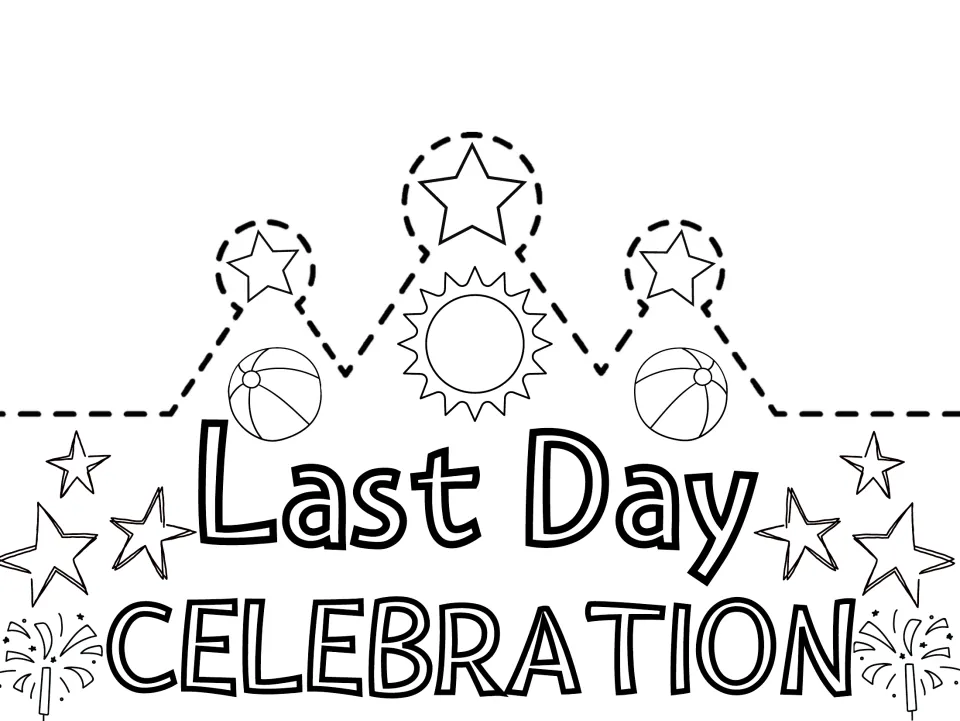 Last Day Celebration crown cut-out piece to color: outlined stars, sun, beach balls and fireworks for students to cut