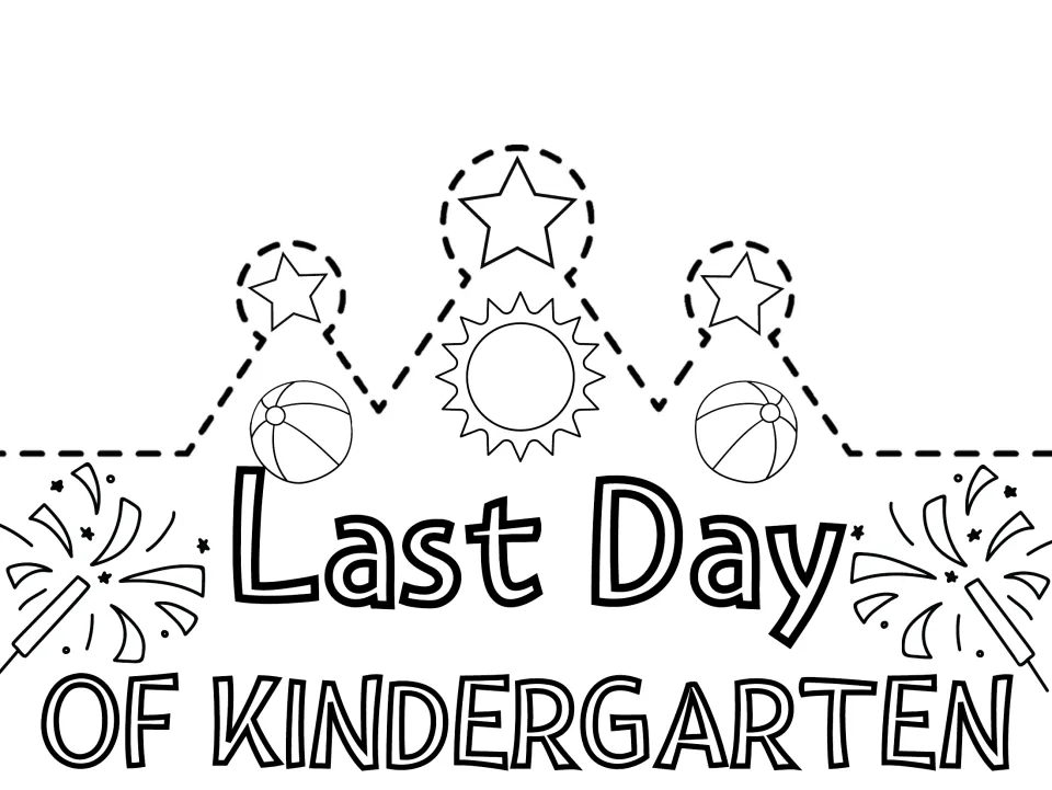 Last Day of Kindergarten crown cut-out piece to color: outlined stars, sun, beach balls and sparklers to cut out