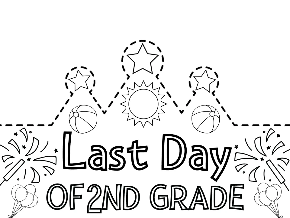 Last Day of 2nd Grade crown cut-out piece to color: outlined stars, sun, beach balls, sparklers and balloons to cut out