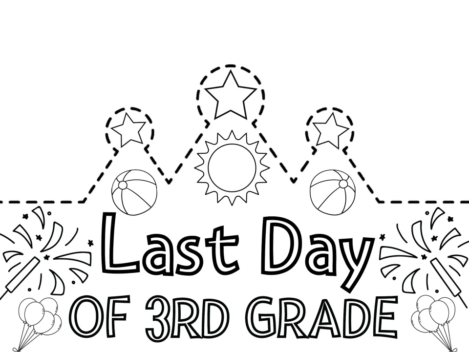 Last Day of 3rd Grade crown cut-out piece to color: outlined stars, sun, beach balls, sparklers and balloons to cut out