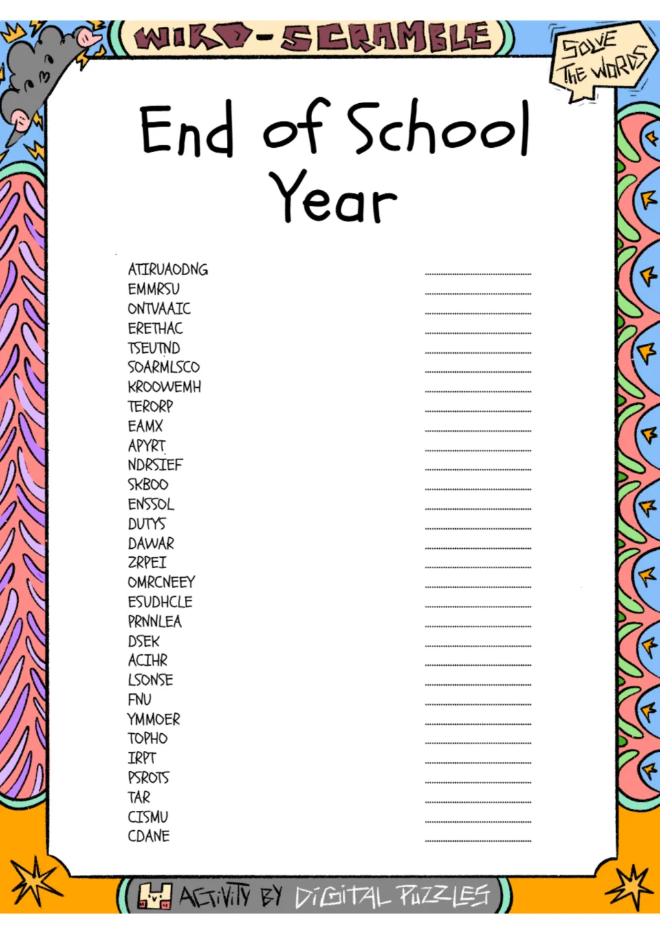 End of school year word scramble: students unscramble 30 words such as ATIRUAODNG and EMMRSU and write each one