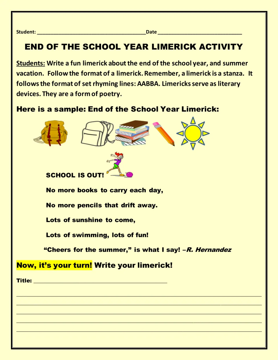Limerick writing: students read the sample "School Is Out!" and write their own AABBA limerick about summer vacation