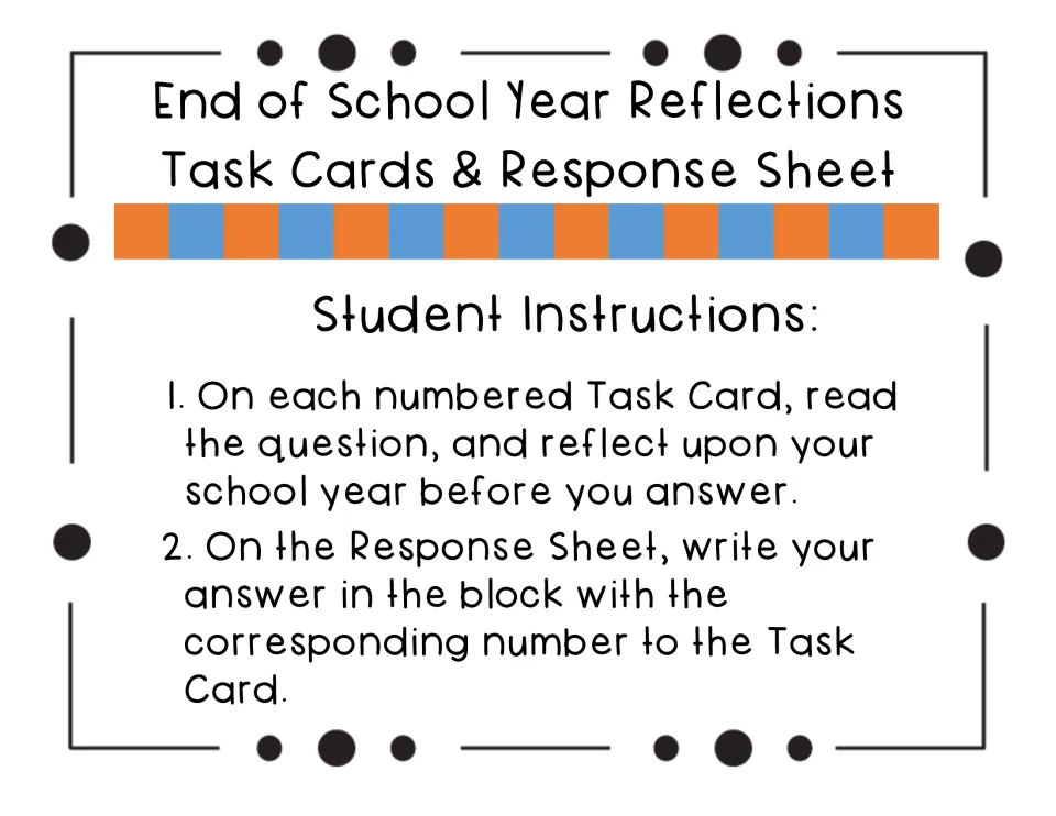 Student instructions: read each numbered card, reflect on the school year, then write the answer in the matching block