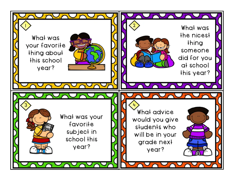 Reflection cards 1-4: favorite thing this year, nicest thing someone did for you, favorite subject, advice for next year